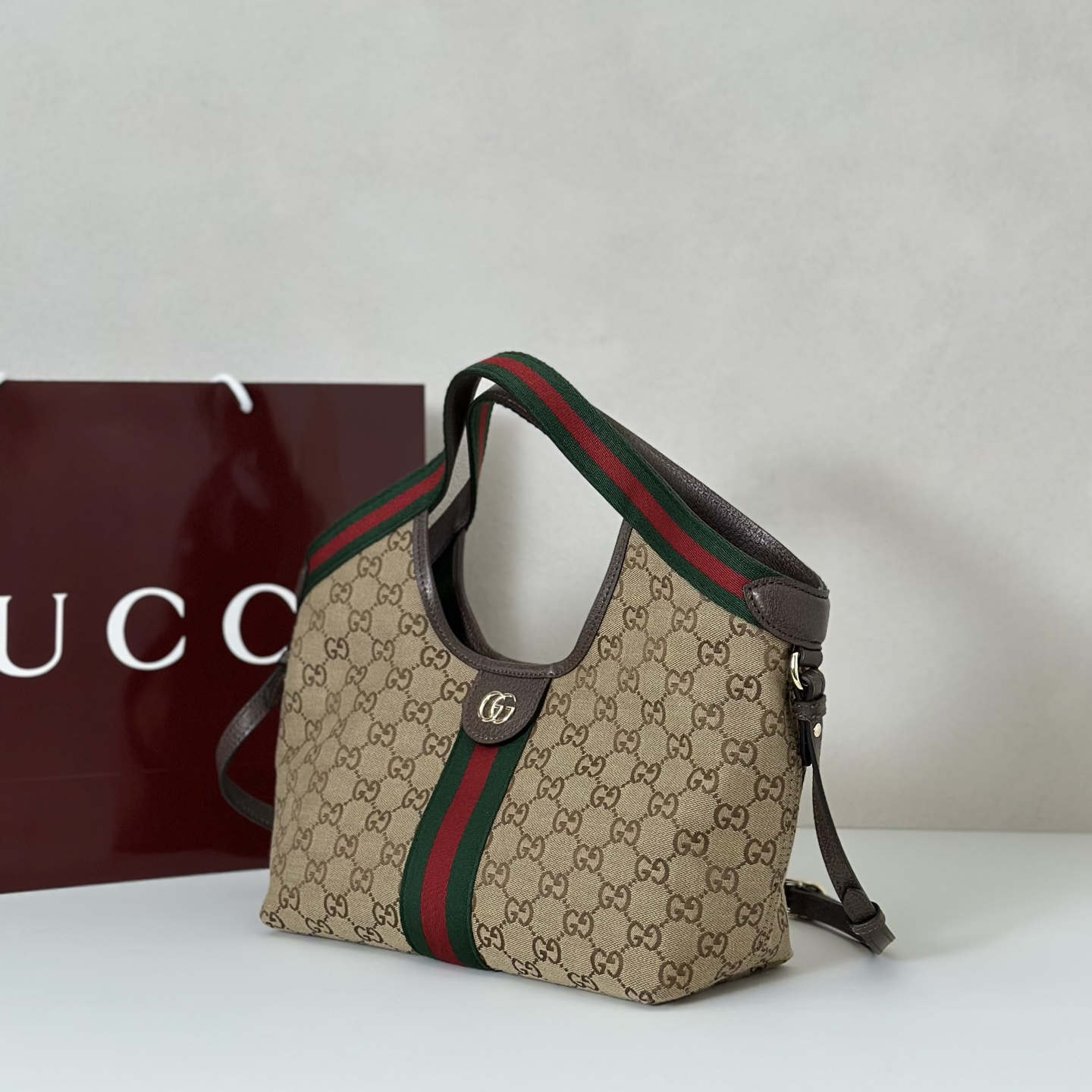 Gv*c*i Giglio Small Tote Bag In Beige And Brown GG Canvas-25*20*15CM