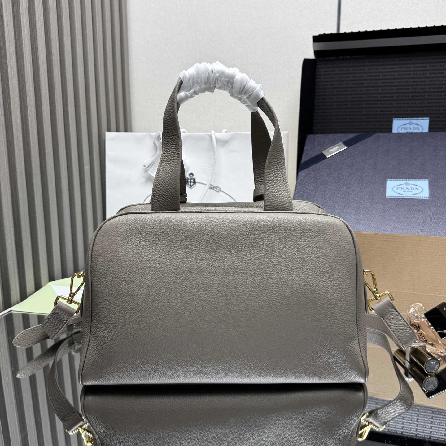 Pra*a Leather Handbag 1BB148-33*22*14CM