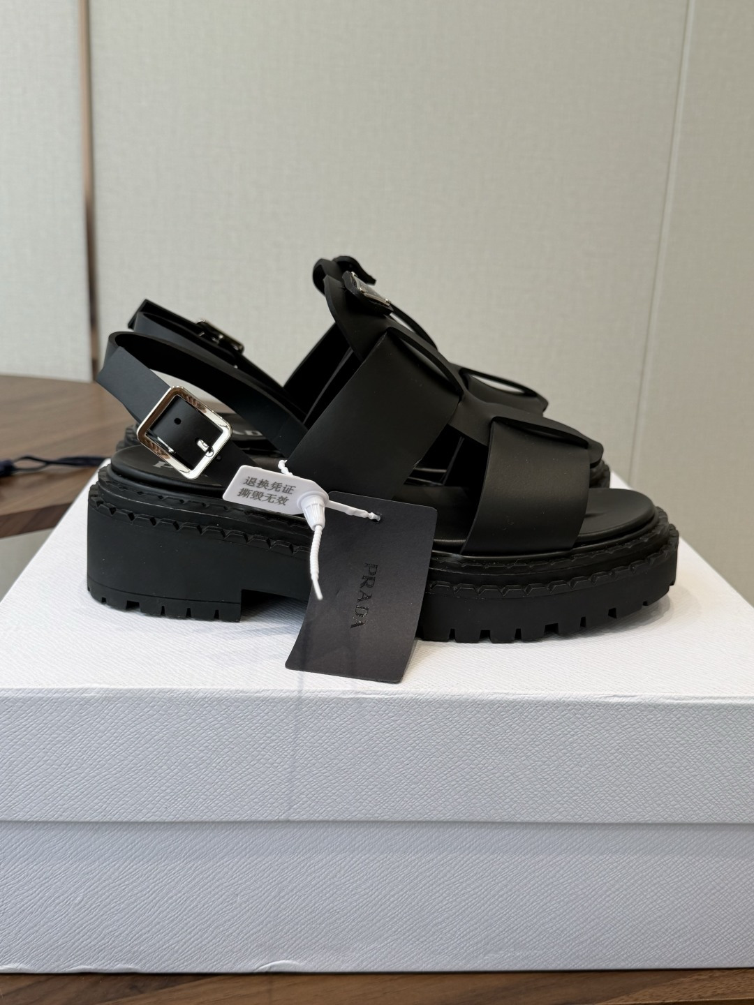 Pra*a Black Leather Sandals-5.5CM