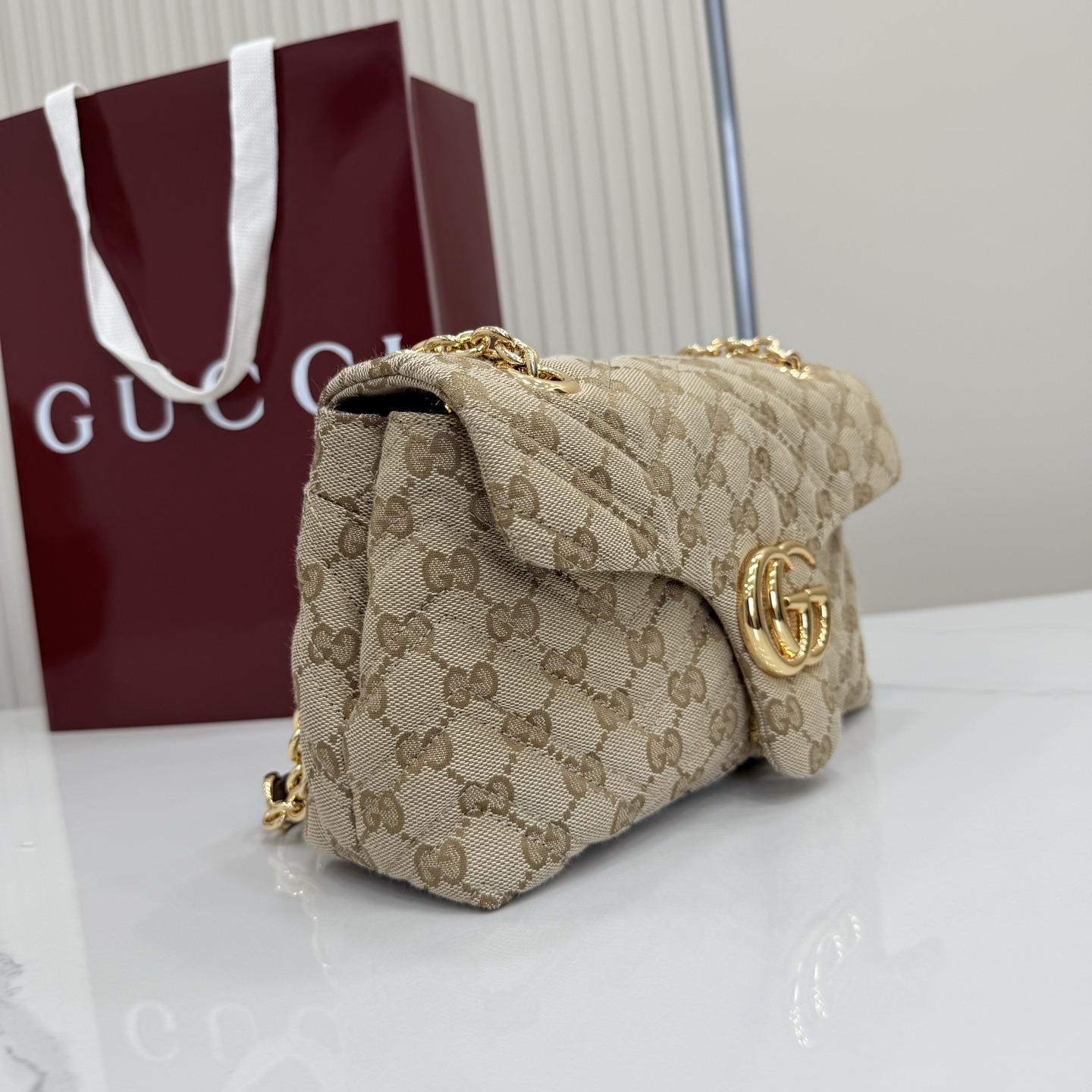 Gv*c* GG Marmont Small Shoulder Bag In Sand And Brown GG-23*17*9CM