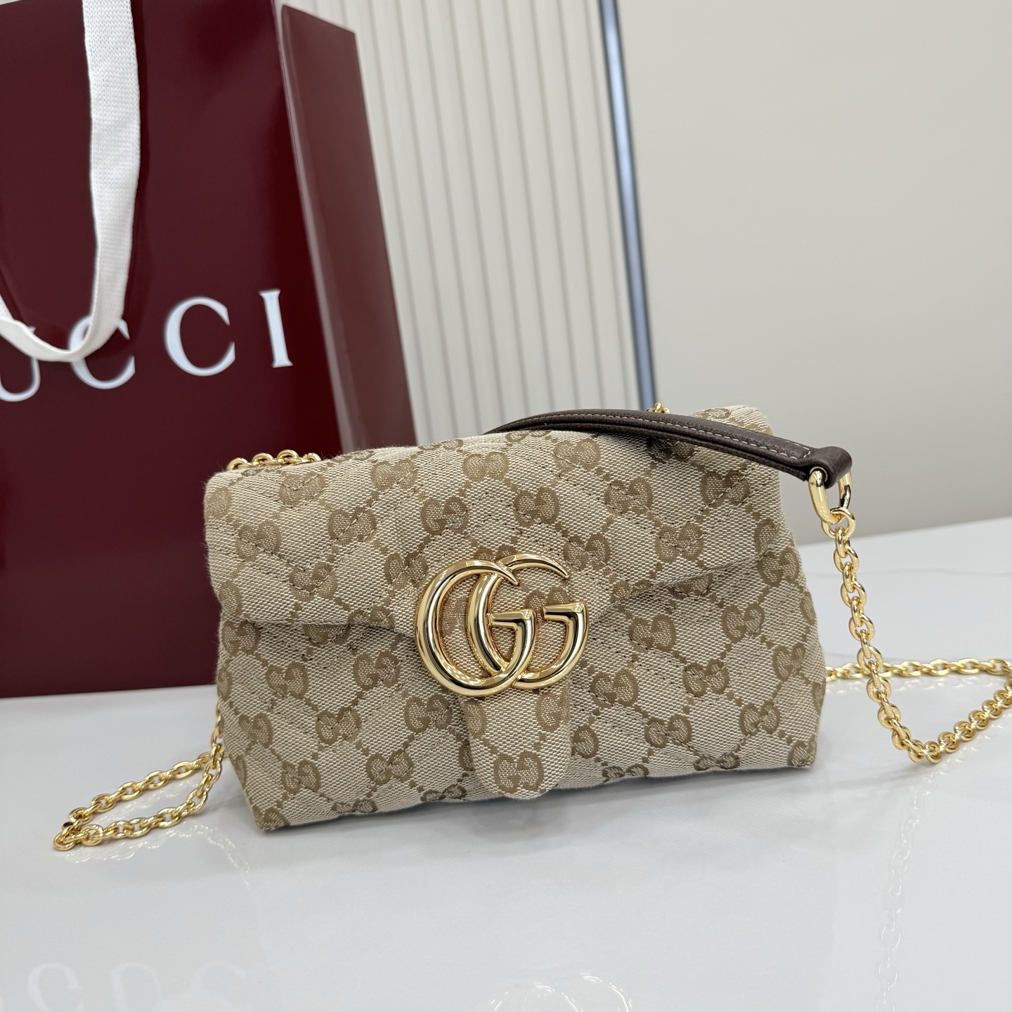Gv*c* GG Marmont Mini Shoulder Bag In Sand And Brown GG-18.5*11.5*7CM