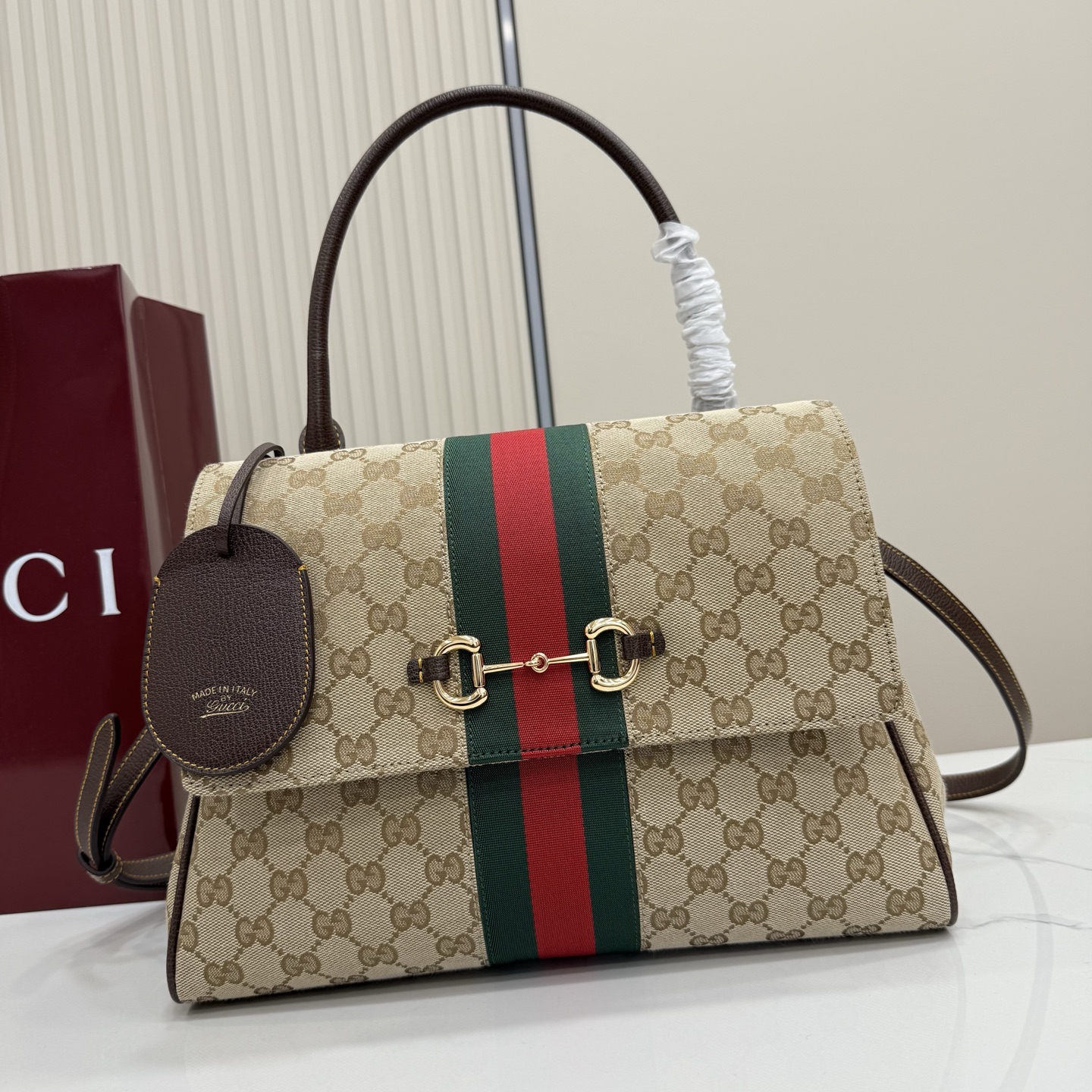 Gv*c* Paparazzo Medium Top Handle Bag In Sand And Brown GG Canvas-32*24*17CM